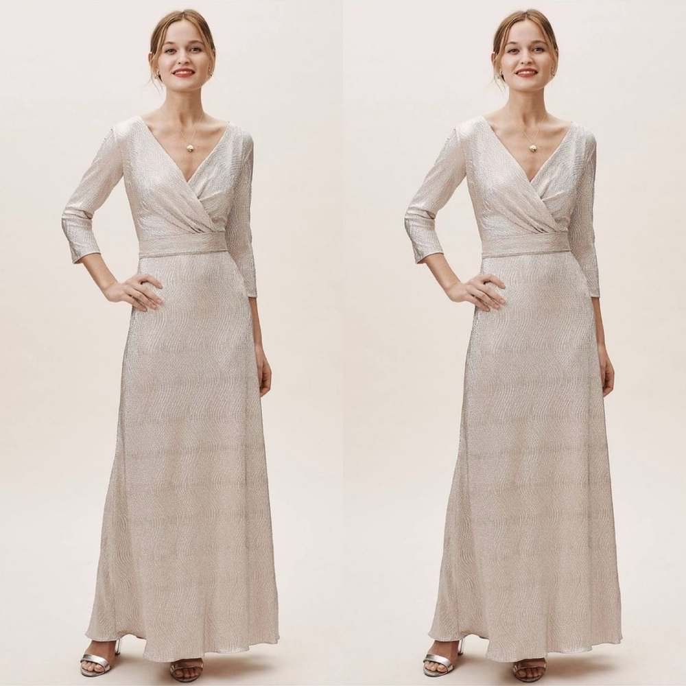 BHLDN Silver Champagne Long Wrap-Style Wedding Guest Dress